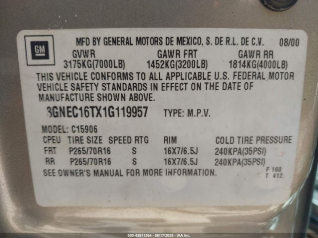 2001 CHEVROLET SUBURBAN 1500 3GNEC16TX1G119957 Photo 8