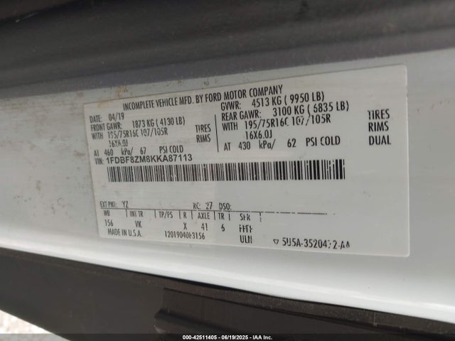 1FDBF8ZM8KKA87113 Ford 2019