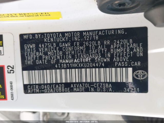 4T1B11HKXKU204474 Toyota a25a-fks