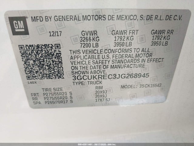 3GCUKREC3JG268945 Chevrolet l83 - sidi: spark ignited direct injection, vvt: variable valve timing, afm, e85 max, alum
