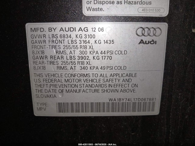 2007 AUDI Q7 WA1BY74L17D067881 Photo 8