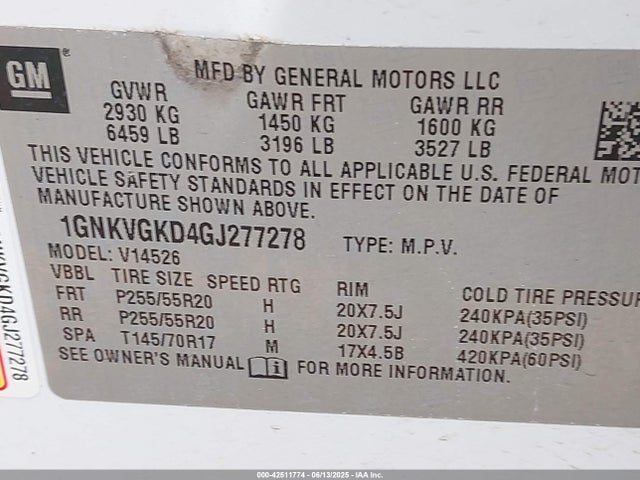 1GNKVGKD4GJ277278 Chevrolet llt - sidi, alum, 60 degrees