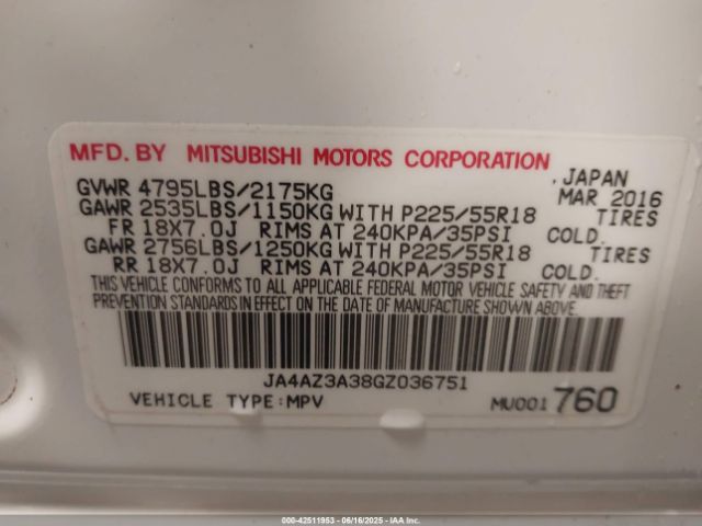 2016 MITSUBISHI OUTLANDER JA4AZ3A38GZ036751 Photo 8