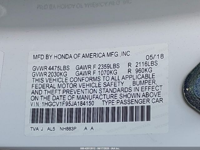 2018 HONDA ACCORD 1HGCV1F95JA184150 Photo 8