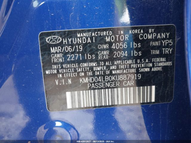 2019 HYUNDAI ELANTRA KMHD04LB0KU887919 Photo 8