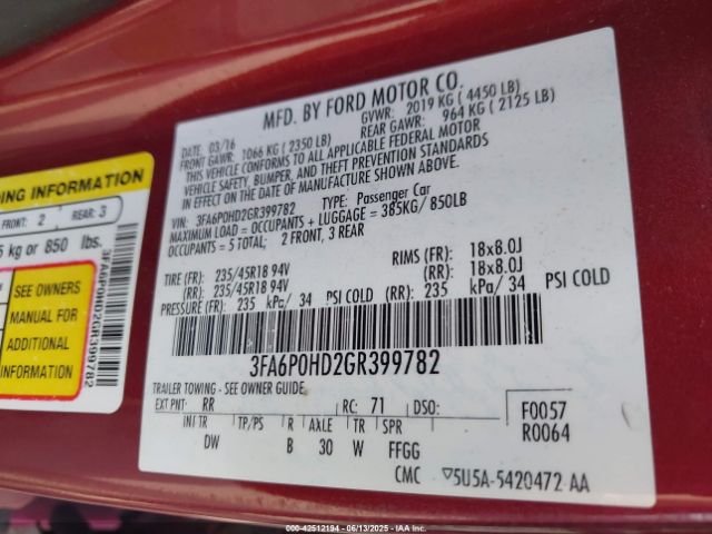 2016 FORD FUSION 3FA6P0HD2GR399782 Photo 8