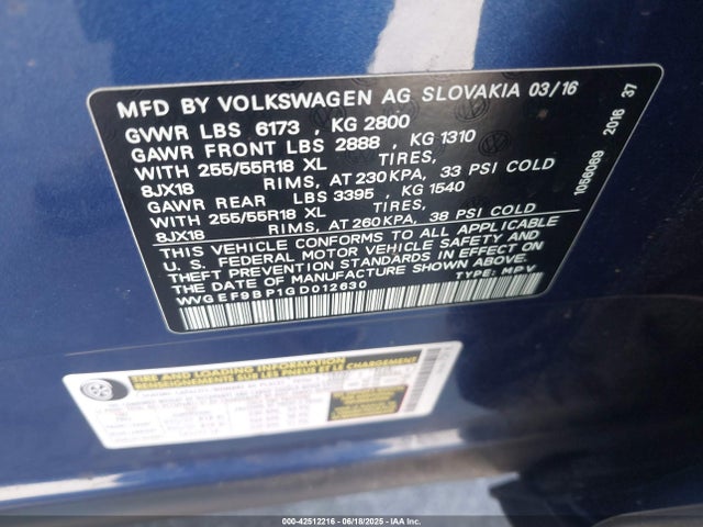 WVGEF9BP1GD012630 Volkswagen 2016