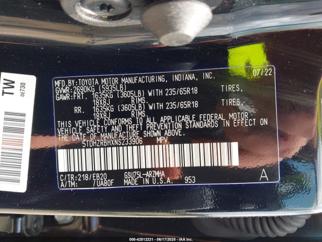 5TDHZRBHXNS233906 Toyota 2gr-fks