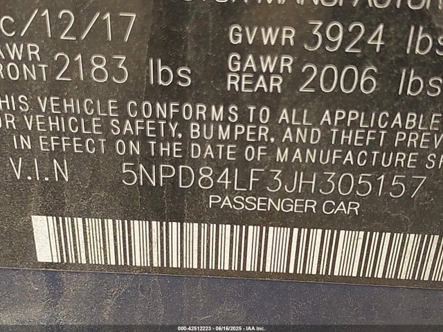 5NPD84LF3JH305157 Hyundai mpi nu
