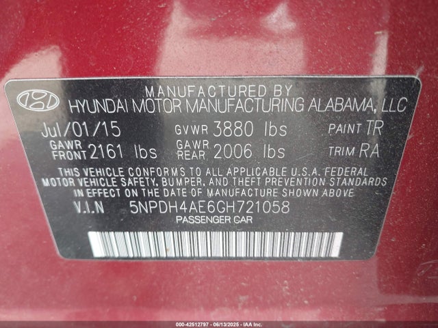 5NPDH4AE6GH721058 Hyundai dohc mpi nu