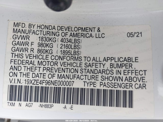19XZE4F96NE000007 Honda leb6