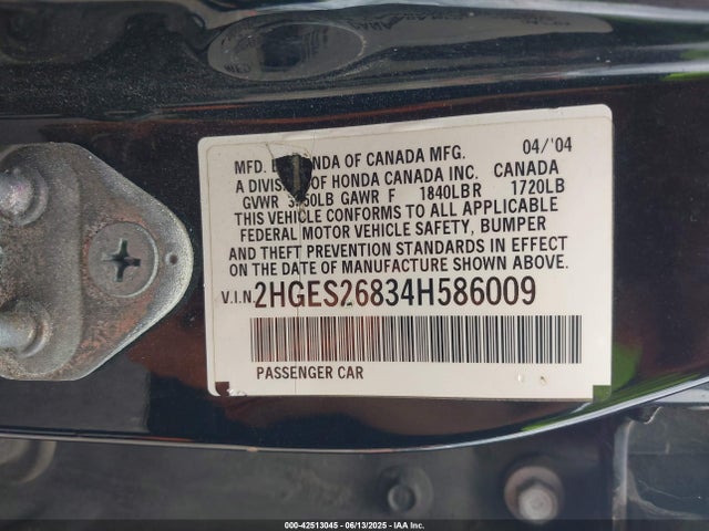 42513045 :رقم المزاد ، 2HGES26834H586009 vin ، 2004 Honda Civic Ex مزاد بيع