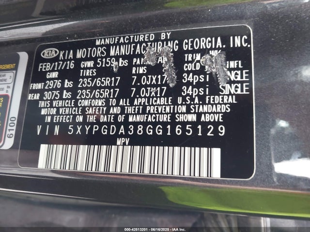 5XYPGDA38GG165129 KIA dohc gdi theta ii
