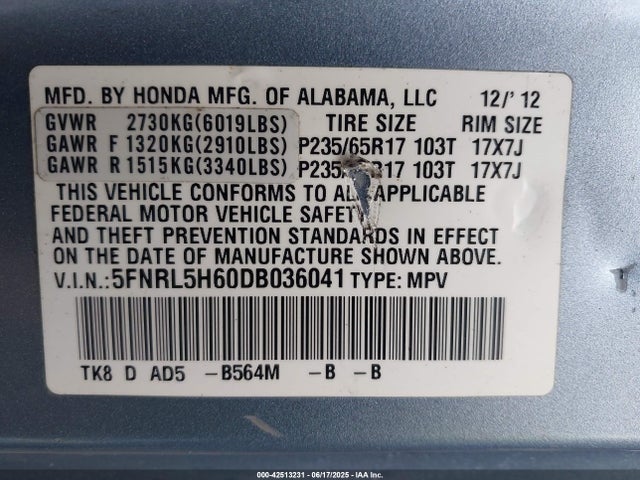 42513231 :رقم المزاد ، 5FNRL5H60DB036041 vin ، 2013 Honda Odyssey Ex-l مزاد بيع