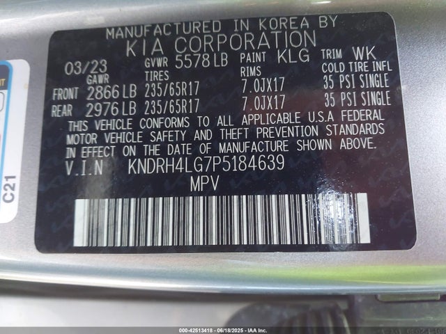 KNDRH4LG7P5184639 KIA t-gdi gamma-ii