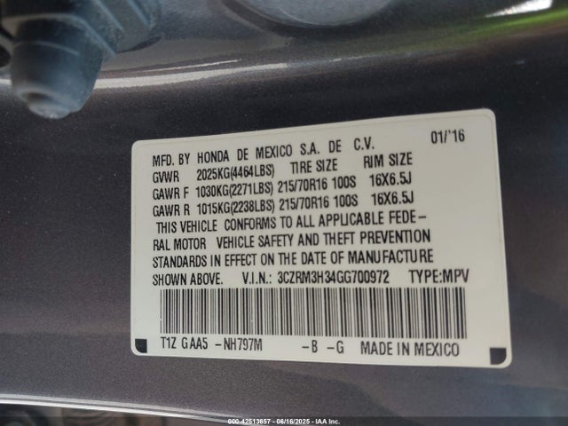 3CZRM3H34GG700972 Honda k24w9/k24v1