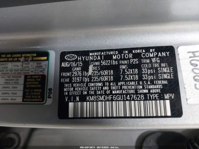 KM8SMDHF6GU147628 Hyundai Santa Fe Se