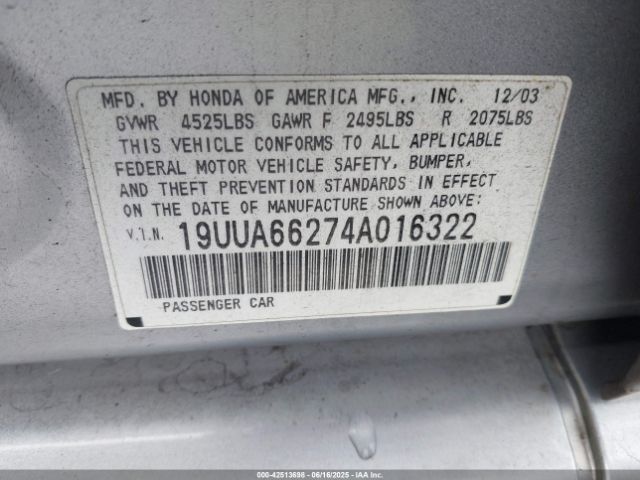 2004 ACURA TL 19UUA66274A016322 Photo 8