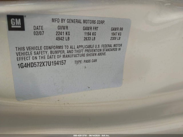 42513781 :رقم المزاد ، 1G4HD572X7U194157 vin ، 2007 Buick Lucerne Cxl مزاد بيع