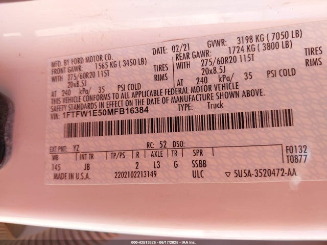 Aukcja sprzedaży 2021 Ford F-150 Xl, vin: 1FTFW1E50MFB16384, numer aukcji: 42513826