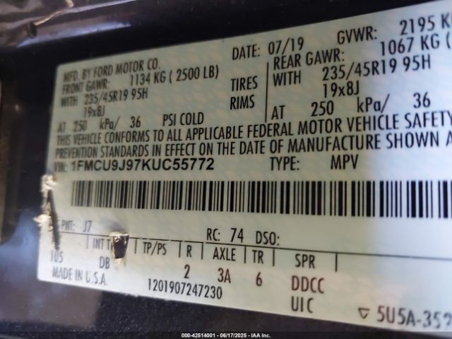 1FMCU9J97KUC55772 Ford 2019