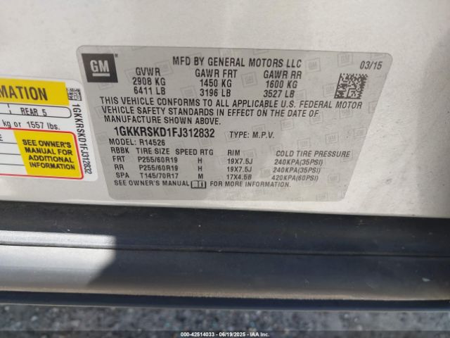 2015 GMC ACADIA 1GKKRSKD1FJ312832 Photo 8