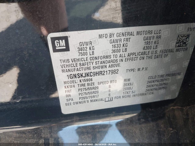 1GNSKJKC9HR217982 Chevrolet l83 - sidi: spark ignited direct injection, vvt: variable valve timing, afm, e85 max, alum