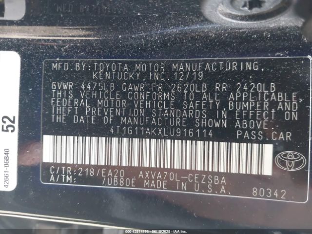 2020 TOYOTA CAMRY 4T1G11AKXLU916114 Photo 8