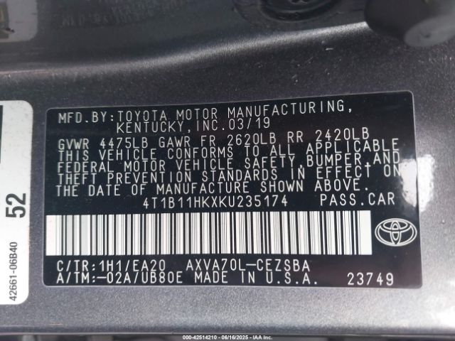 2019 TOYOTA CAMRY 4T1B11HKXKU235174 Photo 8