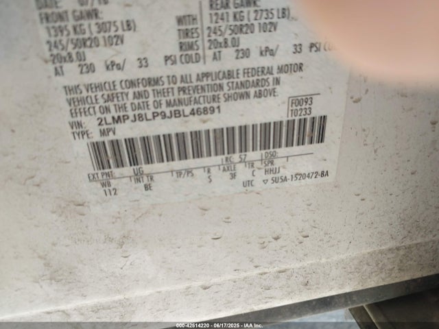 2LMPJ8LP9JBL46891 Lincoln Mkx Reserve