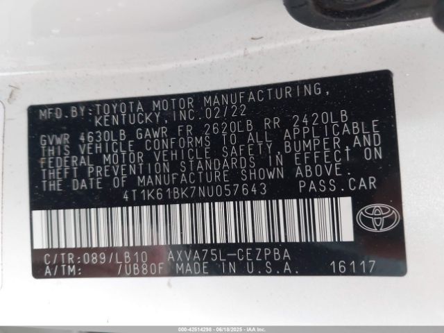 2022 TOYOTA CAMRY 4T1K61BK7NU057643 Photo 8