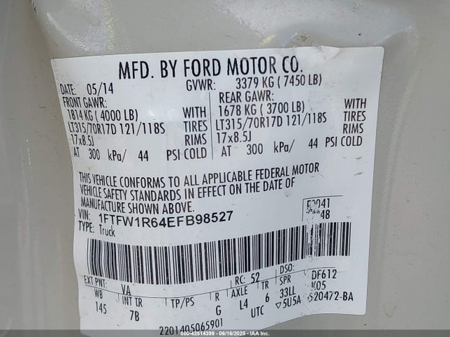 Ford F-150 Svt Raptor 2014 1FTFW1R64EFB98527 Image 9