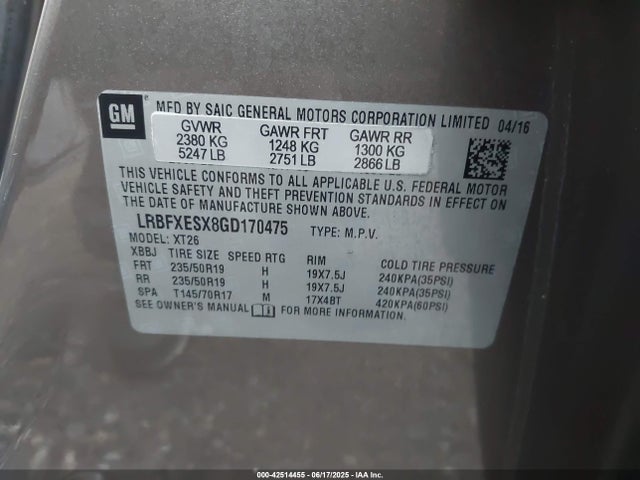 42514455 :رقم المزاد ، LRBFXESX8GD170475 vin ، 2016 Buick Envision Premium I مزاد بيع