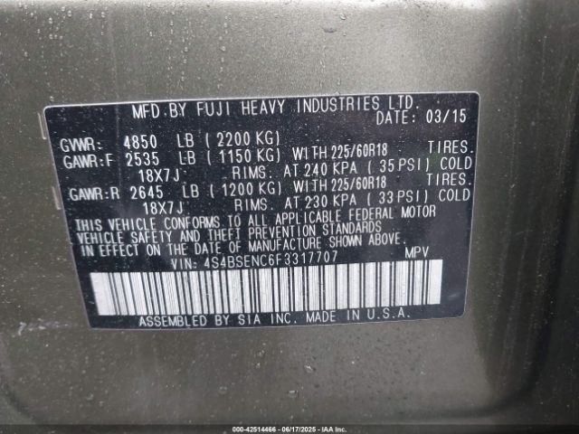 4S4BSENC6F3317707 Subaru 3.6l u4