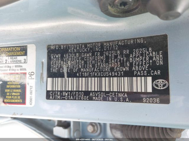 2012 TOYOTA CAMRY 4T1BF1FKXCU549431 Photo 8
