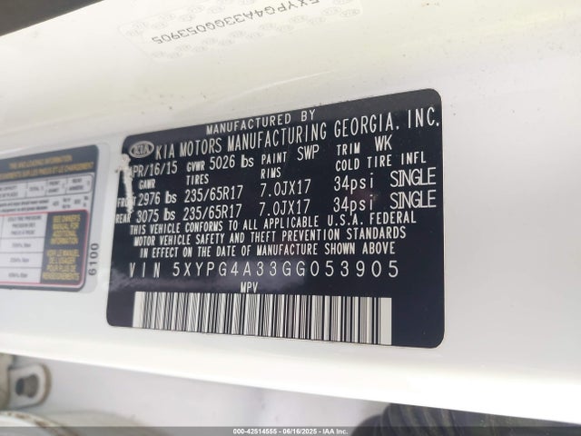 5XYPG4A33GG053905 KIA dohc gdi theta ii