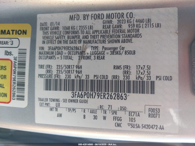Aukcja sprzedaży 2014 Ford Fusion Se, vin: 3FA6P0H79ER262863, numer aukcji: 42514560