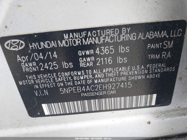 5NPEB4AC2EH927415 Hyundai SONATA GLS