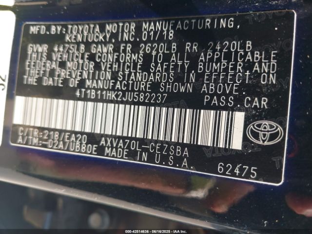 2018 TOYOTA CAMRY 4T1B11HK2JU582237 Photo 8