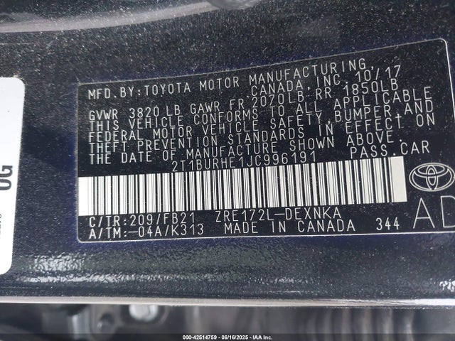 2T1BURHE1JC996191 Toyota 2zr-fe