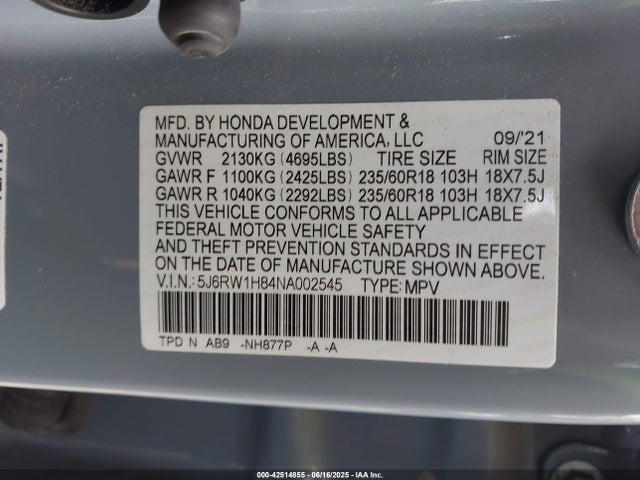 5J6RW1H84NA002545 Honda l15be