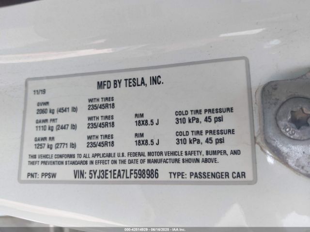 2020 TESLA MODEL 3 5YJ3E1EA7LF598986 Photo 8