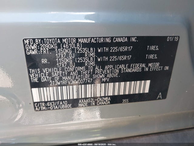 Toyota a25a-fks 2019 2T3W1RFV3KW007747 Image 9