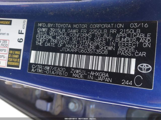 JTDKARFU6G3513508 Toyota 2zr-fxe,1nm
