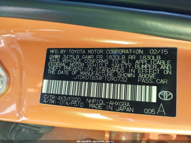 Toyota 1nz-fxe+1lm 2015 JTDKDTB34F1090732 Image 9