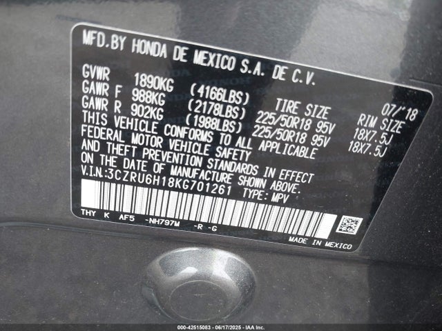 3CZRU6H18KG701261 Honda r18z9