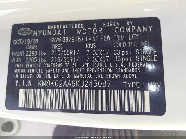 KM8K62AA9KU245087 Hyundai mpi nu