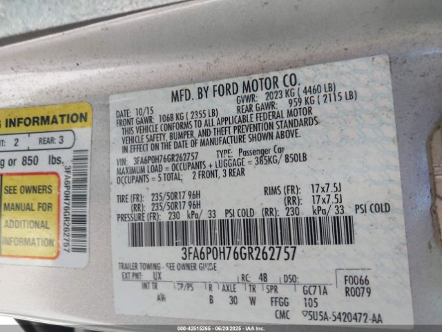 2016 FORD FUSION 3FA6P0H76GR262757 Photo 8