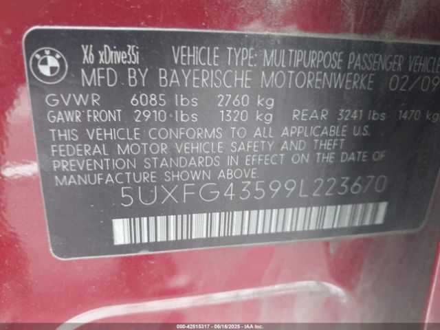 2009 BMW X6 5UXFG43599L223670 Photo 8