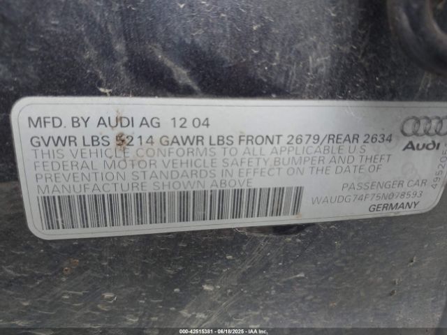 2005 AUDI A6 WAUDG74F75N078593 Photo 8
